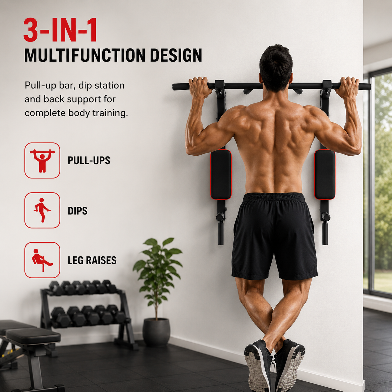 3 in 1 Wall Mounted Pull Up Bar with Dip Station for Home Gym