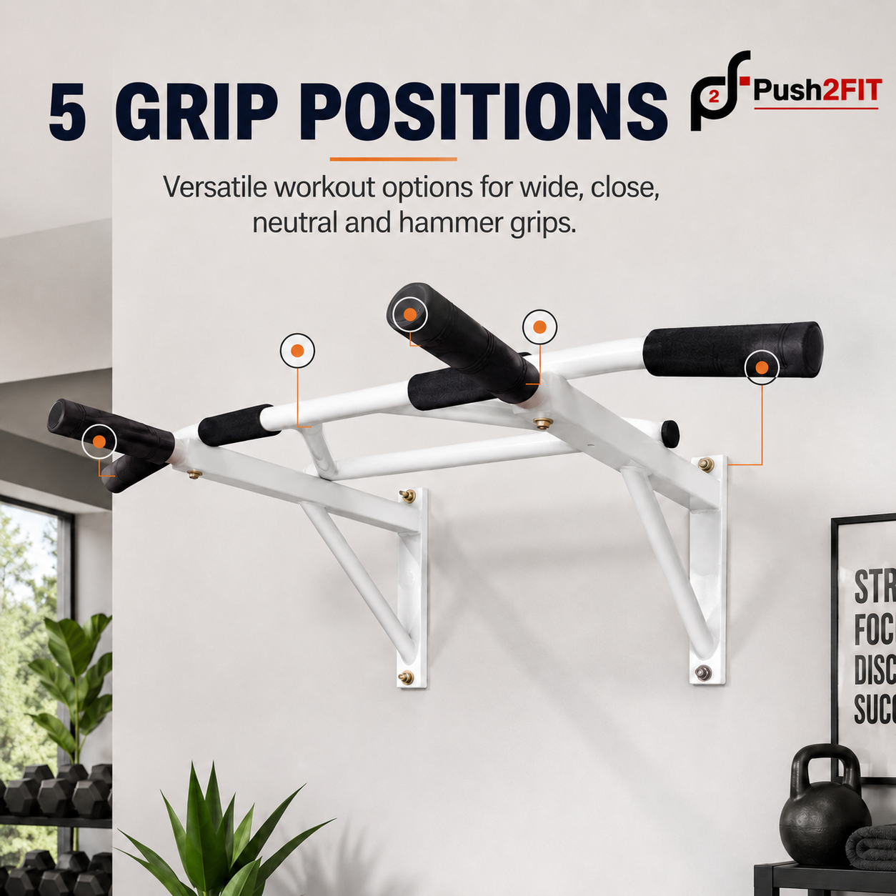 Professional Quality Multigrip Wall Mounted Chin Up & Pull Up Bar for Home Gym