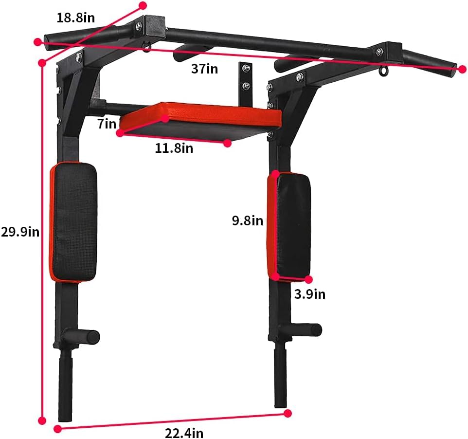 Push2fit Wall-Mounted Pull Up Bar with Dip Station, 3-in-1 Multi-Function Home Gym Equipment, Black and Red (Maximum Weight Capacity-250 kg) - Image 6