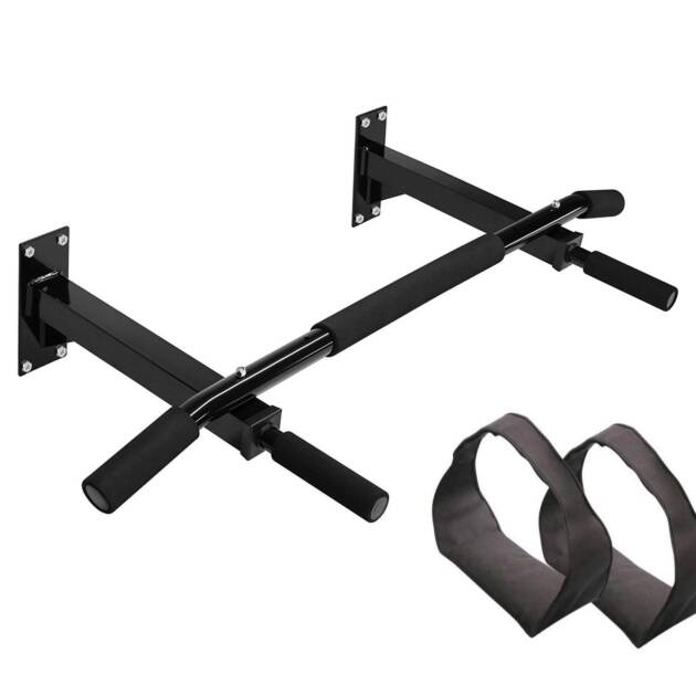Push2fit Wall Mounting Chin Up Bar with Solid One Piece Construction Bar + Ab Straps Fitness Combo