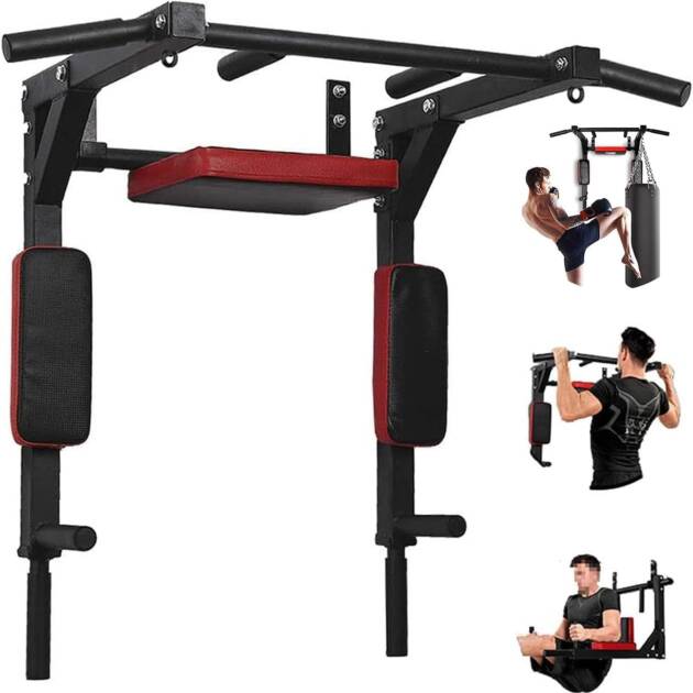 Push2fit Wall-Mounted Pull Up Bar with Dip Station, 3-in-1 Multi-Function Home Gym Equipment, Black and Red (Maximum Weight Capacity-250 kg)