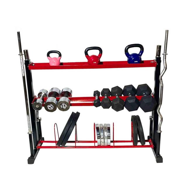 Push2fit 5 in 1 dumbbells rack, plate rack, gym rod bar stand with kettle bell and accessory shelf (Large)