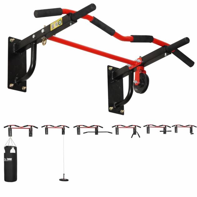 Push2fit multy grip chin up bar with lats triceps and shoulder extension, punching bag hanger and 360 degree rotation pulley
