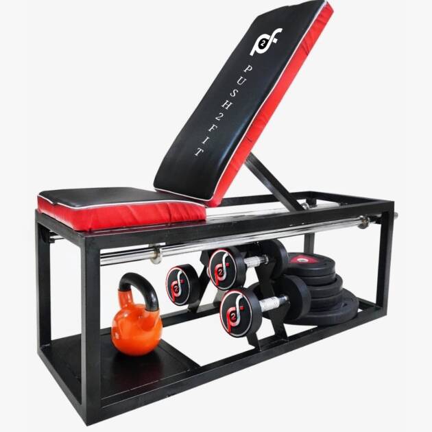 Push2fit ench for Home Gym with Storage - Gym Bench for Home Workout - Incline/Flat Bench Press with 7 Adjustable Positions - Multi Gym Machine - Weights rack -Tough Cold Rolled Steel 500kg