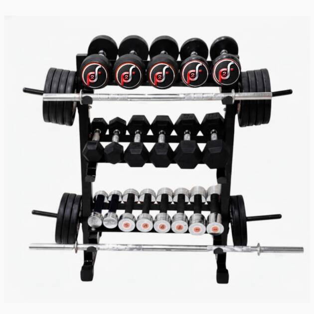Push2fit 3 in 1 dumbbell rack, plate stand and bar holder