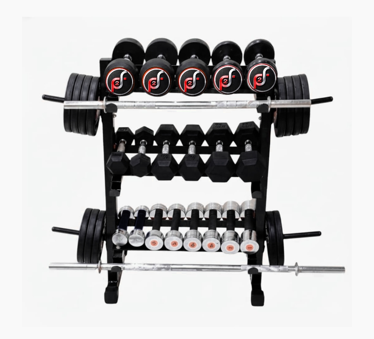 Push2fit 3 in 1 dumbbell rack, plate stand and bar holder