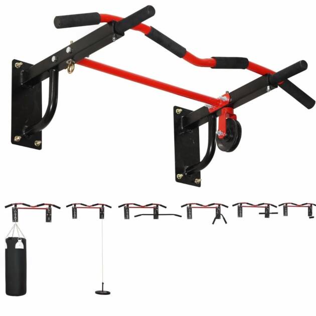 Push2fit multy grip chin up bar with lats triceps and shoulder extension, punching bag hanger and 360 degree rotation pulley