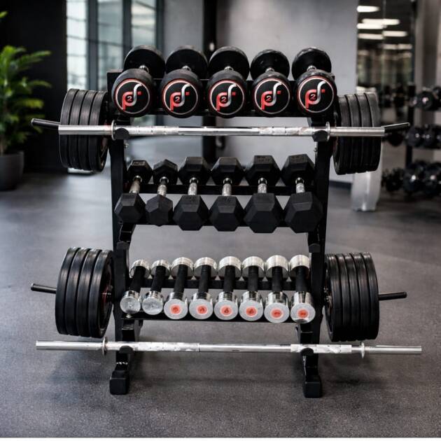 Push2fit 3 in 1 dumbbell rack, plate stand and bar holder