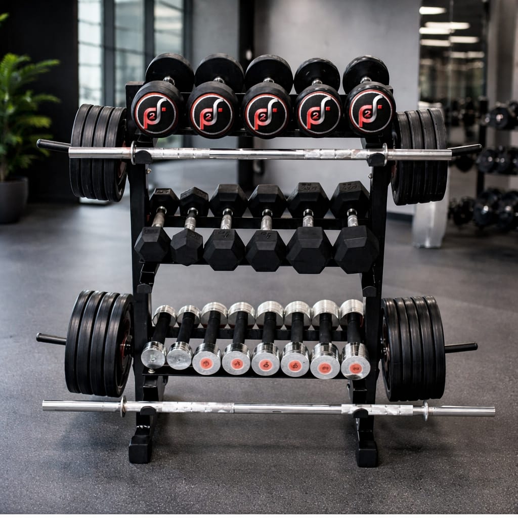 Push2fit 3 in 1 dumbbell rack, plate stand and bar holder